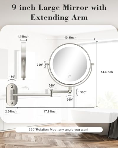 20X 9" Wall Mounted Magnifying Makeup Mirror with Light Height Adjustable | 5000mAh Double Sided Rechargeable LED Lighted Vanity Mirror with Magnification 3 Color Light up Extended Arm 360 Rotation - color: 9inches-brushed Nickel