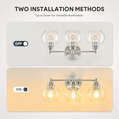 VONLUCE 3 Light Bathroom Vanity Light Fixtures, Brushed Nickel Finish | Globe Glass Shades, E26 Sockets, Easy to install, ETL Certificated, Vanity Lights for Bedroom Hallway Living Room - color: Nickel, size: 3-Light