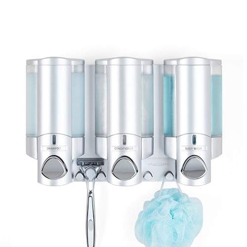 Better Living Aviva Wall Mount Shower Dispenser, 3 x 11 oz, Satin Silver | 3 Chamber, Shower Dispenser for Bathroom, Built-in Hooks, No Drill, Waterproof Dispenser Pump - color: Satin Silver, size: 3-Chamber