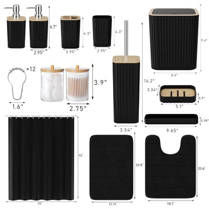 XLHOMO Bathroom Set - 25PC Black Bathroom Set with Shower Curtain and Rugs, Bathroom Accessories Set, Black Shower Curtain Set with Bathroom Trash Can - size: Bath Set+Shower Curtain+Rugs, style: Black