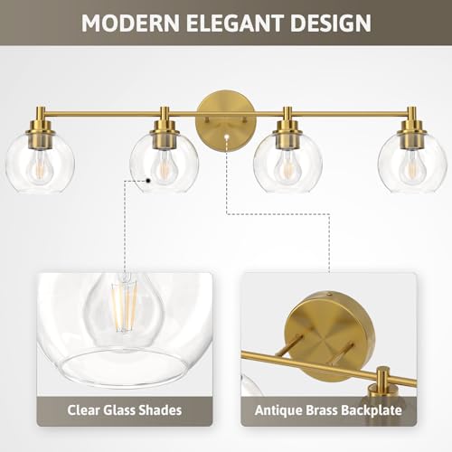 VONLUCE 4 Light Bathroom Vanity Light Fixtures, Gold Finish | Globe Glass Shades, E26 Sockets, Easy to install, Vanity Lights for Bedroom Hallway Living Room - color: Gold, size: 4-Light