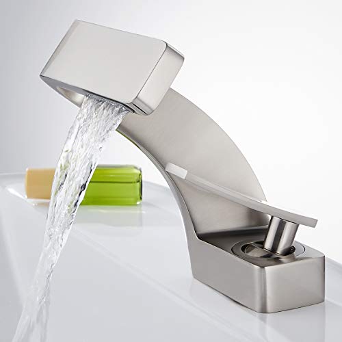 becola Bathroom Sink Waterfall Faucet,Solid Brass Single Handle Hot and Cold Water Mixer Tap, Lavatory Vanity Sink Faucet Including Two US Standard 3/8" Hoses(Brushed Nickel) - color: Brushed Nickel