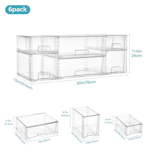 Vtopmart Clear Stackable Storage Drawers, 6 Pack Mixed Size Set | Wide, Medium and Small Pull-Out PET Drawers Provide Flexible Sorting Options for Cabinets, Closets, Pantry - style: 2 Wide+2 Medium+2 Small