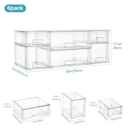 Vtopmart Clear Stackable Storage Drawers, 6 Pack Mixed Size Set | Wide, Medium and Small Pull-Out PET Drawers Provide Flexible Sorting Options for Cabinets, Closets, Pantry - style: 2 Wide+2 Medium+2 Small