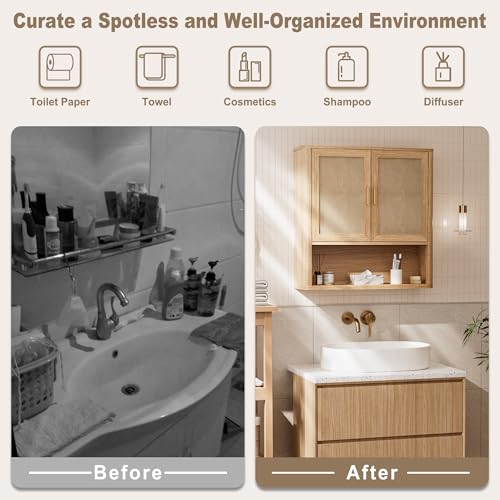 Rattan Bathroom Wall Cabinet with Open Compartments, Wall-Mounted Medicine Cabinet with Adjustable Wood Shelf & Doors, Over the Toilet Storage Cabinet for Laundry Room & Kitchen & Living Room - color: Oak Wood