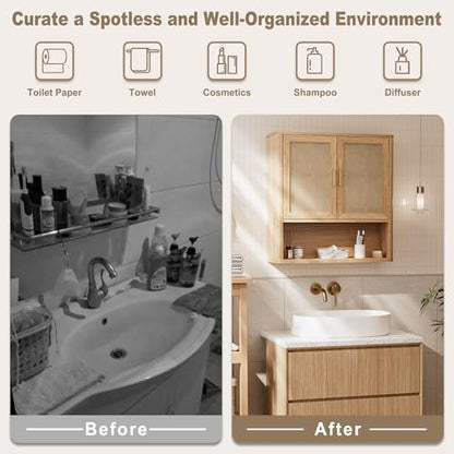Rattan Bathroom Wall Cabinet with Open Compartments, Wall-Mounted Medicine Cabinet with Adjustable Wood Shelf & Doors, Over the Toilet Storage Cabinet for Laundry Room & Kitchen & Living Room - color: Oak Wood