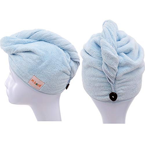 M-bestl 2 Pack Hair Drying Towels, Hair Towel Wrap,Absorbent Microfiber Hair Towel Turban with Button Design to Dry Hair More Quicker(Blue&Dark Gray) - color: Blue&dark Gray