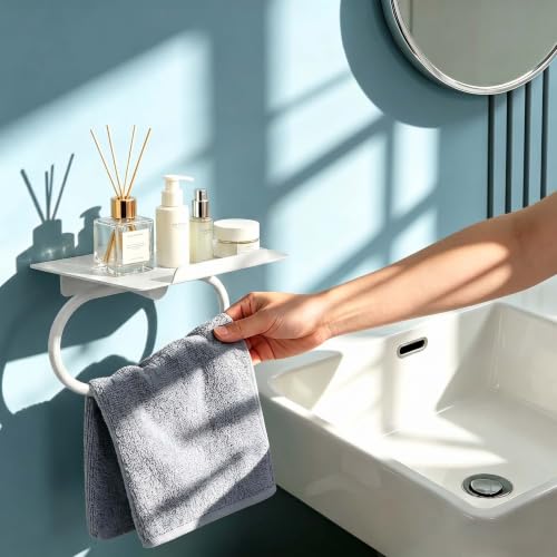 White Hand Towel Ring with Shelf, Wall Mounted Metal Towel Holder with Platform for Candle Phone Cosmetics Small Potted Plant, Towel Rack with Shelf for Home Office Bathroom Kitchen Entrance - color: White