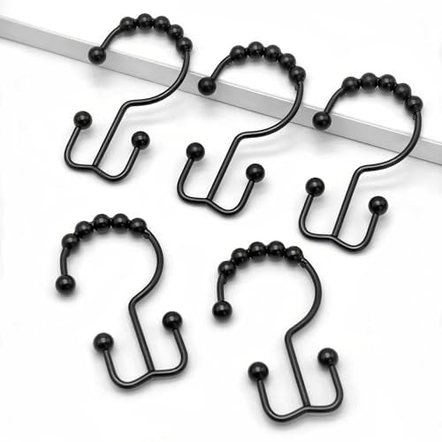 Shower Curtain Hooks, 12 Pcs Rustproof Metal Shower Curtain Rings,Free Sliding Double Shower Hooks for Shower Curtain & Liners, Shower Curtain Hangers for Bathroom Shower Curtain Rods Curtains (Black) - color: Black