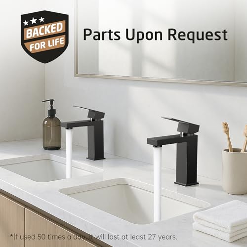 KES Black Bathroom Faucet Single Handle & Bathroom Sink Drain with Overflow, cUPC Certified Vanity Faucet with Pop Up Drain Stopper Stainless Steel Matte Black, L3156ALFF12-BK-C2 - color: Black, style: w/ Drain (WITH Overflow) - Short Faucet