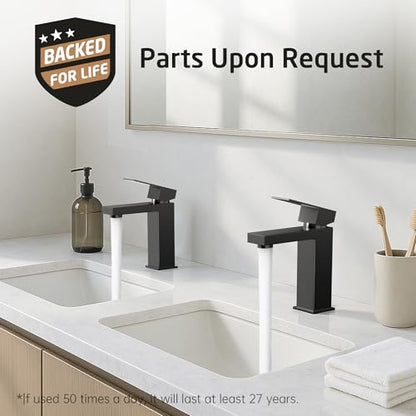 KES Black Bathroom Faucet Single Handle & Bathroom Sink Drain with Overflow, cUPC Certified Vanity Faucet with Pop Up Drain Stopper Stainless Steel Matte Black, L3156ALFF12-BK-C2 - color: Black, style: w/ Drain (WITH Overflow) - Short Faucet