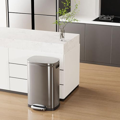 ELPHECO Kitchen Trash Can with Lid 13 Gal Stainless Steel Pedal Garbage Can | Soft Close Lid, Pedal, Heavy-Duty Fingerprint Proof Step Wastebasket with 20 Bags, Removable Bucket, Home Office, Silver - color: Silver