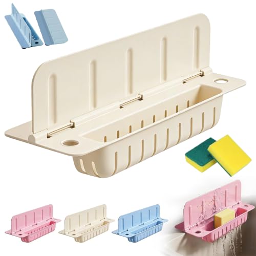 Foldable Sink Splash Guard with Suction Cups, 13.9 inch Sink Water Splash Guard, Detachable Reusable Kitchen Water Baffle Anti-Splash, with Flip-down Storage Rack, Easy to Clean (Beige) - color: Beige