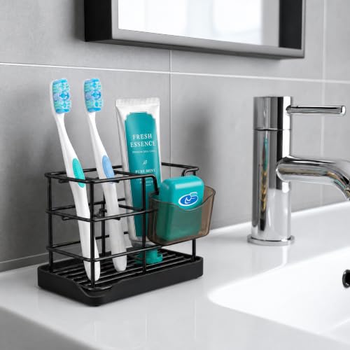 HBlife Toothbrush Holders for Bathrooms Black, Small Stainless Steel Bathroom Toothbrush Holder with Tray, Bathroom Accessories and Apartment Essentials - color: Black