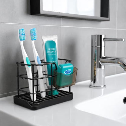 HBlife Toothbrush Holders for Bathrooms Black, Small Stainless Steel Bathroom Toothbrush Holder with Tray, Bathroom Accessories and Apartment Essentials - color: Black