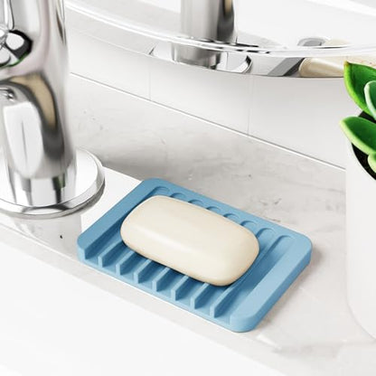4-Pack Self Draining Soap Dish for Shower Bathroom Waterfall Silicone Soap Saver Tray Sponge Holder for Kitchen Sink Non-Slip Easy Clean (Light Blue) - color: Light Blue