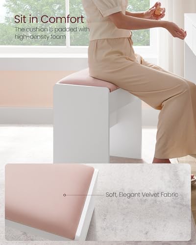VASAGLE KAILYN Collection - Velvet Vanity Stool, Upholstered Makeup Stool, Modern Footrest with Anti-Slip Pads, for Makeup Room, Bedroom, Entryway, Matte White and Jelly Pink URDS001W01S - style: 17.7"W Vanity Stool-Matte White + Jelly Pink