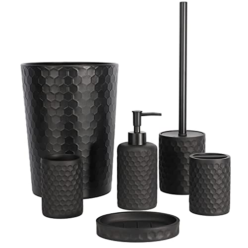 Bathroom Accessory Set - 6 Pcs Black Bathroom Accessories Set with Trash Can, Toothbrush Holder, Toothbrush Cup, Soap Dispenser, Soap Dish, Toilet Brush with Holder - Accessoire Salle de Bain - color: Black Effect