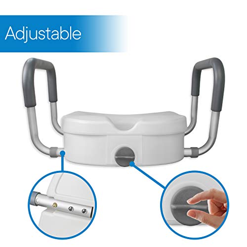 RMS Raised Toilet Seat - 5 Inch Elevated Riser with Adjustable Padded Arms | Toilet Safety Seat for Elongated or Standard Commode