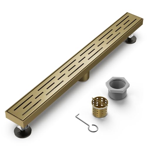 28 Inch Brushed Titanium Gold Linear Shower Drain, with Brick Pattern Grate | 304 Stainless Steel Shower Drain, Rectangle Shower Floor Drain, with Adjustable Feet, for Bathroom, Remodel Shower,Tile Floor - color: Brushed Titanium Gold, size: 28 inch