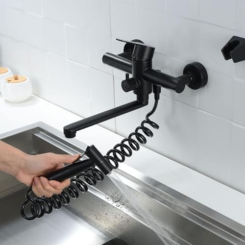 Kitchen Sink Wall Mount Faucet, Matte Black Commercial Faucet with Side Sprayer, Stainless Steel Mixer Tap, Unility Sink Faucet, 7.5-8.5 Inches Center, Spout Reach 9.2" - color: A Style, Matte Black