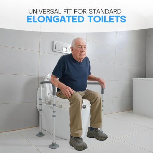 Toilet Seat Risers For Seniors 4-Legged Adjustable Raised Toilet Seat With Handles Thickened Aluminum Alloy Frame Toilet Riser Withhandles For Seniors for Elderly Disabled Medical (Grey & White).