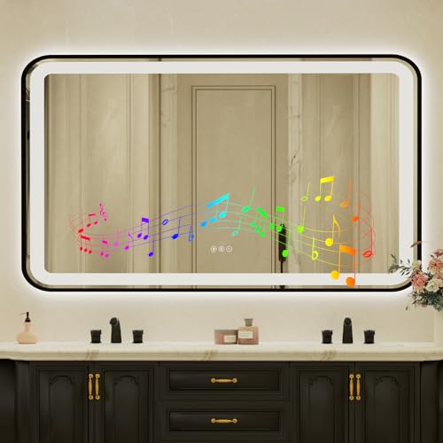 32x55 Inch Black Framed LED Bathroom Mirror with Lights, Built-in Bluetooth Speaker,Tempered Glass,Dimmable Lighted Bathroom Vanity Mirror with 3 Colors, Backlit + Frontlit, Memory, Anti-Fog - color: Black-with Bluetooth Speaker, size: 32"L x 55"W