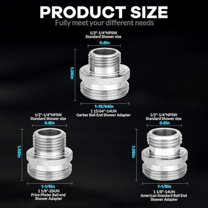 Ball End Shower Arm Adapter 1/2 Inch Male Pipe Thread Old Style Head Convert to fit standard shower head 14UN 16UN is Suitable for Most Old-Fashioned Ball Head Shower Arms (3PCS)