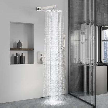 Aolemi Shower Faucet Set with Handheld Brushed Nickel 12 Inch Head | Pressure Balance Shower Valve and Trim Kit,SUS304 Rain Head and Handle System,All Metal,Wall Mount,Bathroom,Handheld Spray - color: Nickel, size: 12 Inch Wall Mount Shower Head