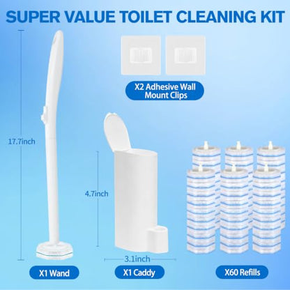 Disposable Toilet Bowl Brush and Holder with 60 Refill Heads, Wand & Caddy | Pre-filled Toilet Cleaner, 5X Cleaning Power, Firm & No Dropping, Wall-Mountable, Fresh Fragrance, Toilet Cleaning Kit - size: Starter Kit+60 Refill Heads