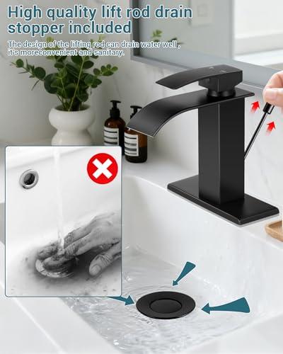 Black Waterfall Bathroom Faucet Single Handle with Lift Rod Drain | Bathroom Sink Faucet,Stainless Steel,supply hoses Deck included,1 or 3 Hole,Fits home,RV,farmhouse bathrooms - color: A-Matte Black, style: with Lift Rod Drain