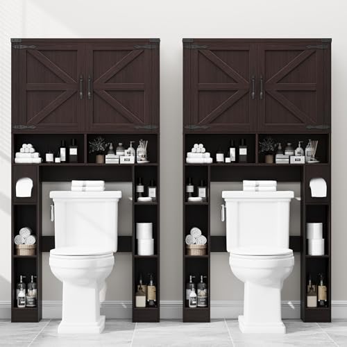Vabches Home Space-Saving Toilet Rack with 2 Barn Doors (Walnut) | Farmhouse Over The Toilet Storage Cabinet, with Toilet Paper Holder Stand, for Laundry, Bathroom, Restroom - color: Walnut