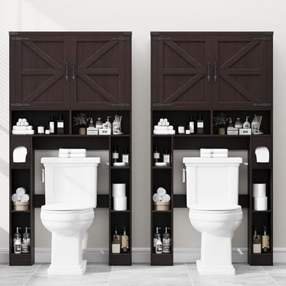 Vabches Home Space-Saving Toilet Rack with 2 Barn Doors (Walnut) | Farmhouse Over The Toilet Storage Cabinet, with Toilet Paper Holder Stand, for Laundry, Bathroom, Restroom - color: Walnut