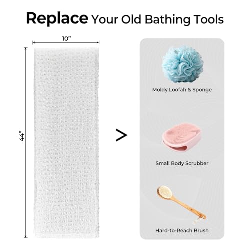 3D Wave Weave Japanese Exfoliating Washcloth, Long Exfoliating Back Scrubber for Shower, Gentle Body Scrub Towel, Korean Style, Cloud (Soft) - color: White