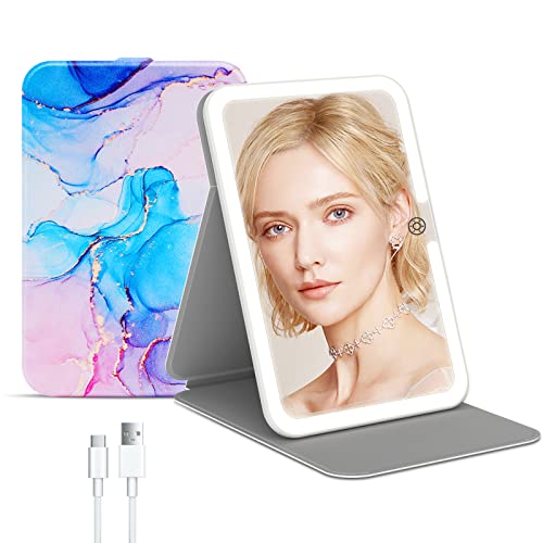 FUNTOUCH Rechargeable Travel Lighted Makeup Mirror with PU Leather Cover | Portable Makeup Mirror with lights, 3 Color Lighting,Touch Dimmable, Light Up Tabletop Folding Cosmetic Mirror Colorful - color: Colorful