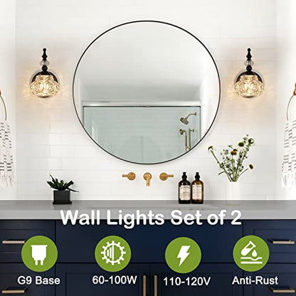 2-Pack Wall Sconces Black Bathroom Vanity Lighting Fixtures Black Wall Light with Glass Shade, Rust-Proof and Durable, Wall Lamp Using G9 Bulbs for Bedroom, Bathroom, Living Room - color: Black, size: 1-Light (2-Pack)