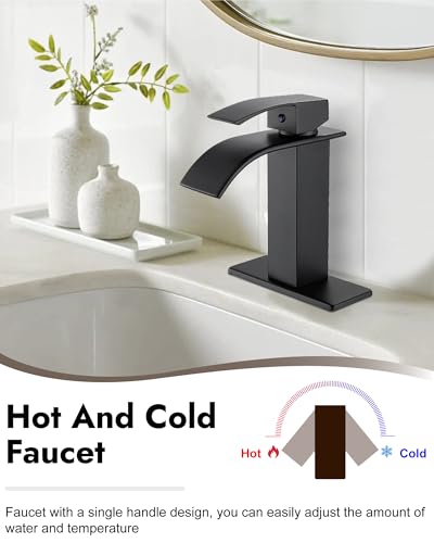 Midanya Waterfall Bathroom Faucet 1 Hole,Matte Black | with 24” Hoses,Pop Up Drain,6” Deck Plate,for 1 or 3 Hole Vanity,Lavatory,RV,Single Handle Bathroom Sink Faucet,NSF Certified - color: Black