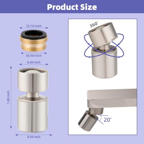 Hibbent NSF/ANSI/CAN 61 Certified Faucet Aerator, CUPC Certification 360 Degree Swivel Kitchen Sink Aerator, 2-Flow Sprayer Faucet Replacement Part 55/64 Inch Female Thread - Brushed Nickel - color: Brushed Nickel