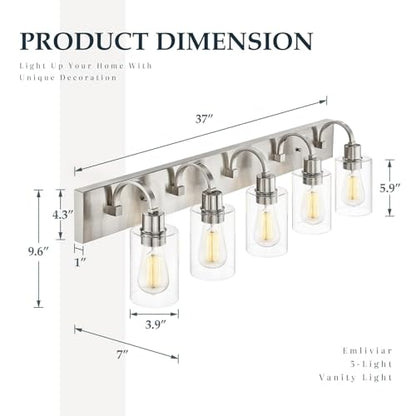 Emliviar 5-Light Bathroom Vanity Light Fixture, 37" Bath Wall Light Fixtures in Brushed Nickel Finish with Clear Glass, YCE237B-5W BN - color: Brushed Nickel - Clear Glass, size: 5-Light