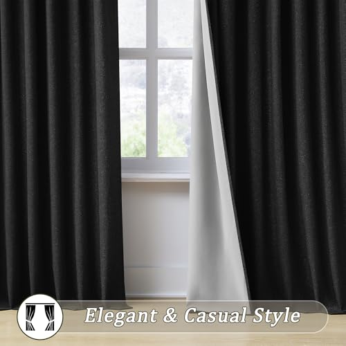 Linen Blend Blackout Curtains 50 x 84 Inch Long- Black 2 Panels Set | Black Out Privacy Back Tab Rod Pocket Room Darkening Textured Curtain Window Drapes for Bedroom Living Room - color: Black, size: 50"W x 84"L (Pack of 2)