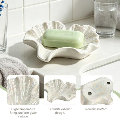 Ceramic Soap Dish with Ginkgo Leaves Design, Self-Draining Soap Tray for Sink, Bathroom, Shower, Small Cute Glazed Holder in White, Easy to Clean