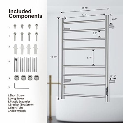 Towel Warmer with Built-in Timer ETW44-2S for Bathroom Wall Mounted Bath Towel Heater Plug-in Electric Heated Towel Rack Brushed