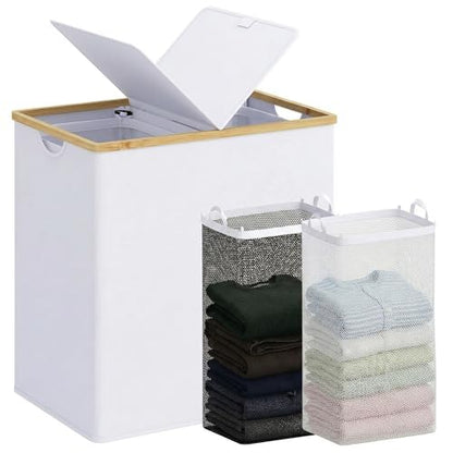 efluky Laundry Hamper with Lid, Double Laundry Basket with 2 Removable Bags, 2 Section Laundry Bin with Bamboo Handles for Bathroom, Bedroom & Laundry Room, 140L (36.9 Gallon) White - color: White, size: 140L Dual