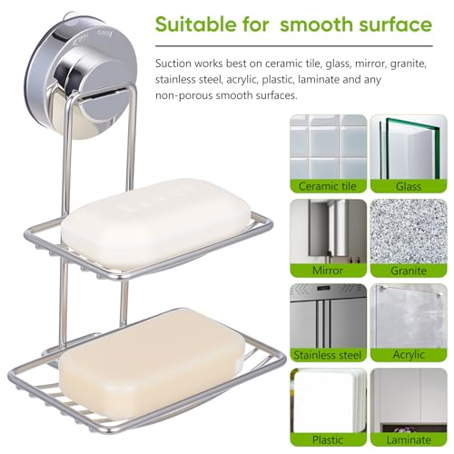 WOONEKY Double Layer Stainless Steel Soap Holder Stylish and Rustproof with Strong Suction Cup and Drainage Holes Soap Dish for Bathroom and Kitchen Wall Mount