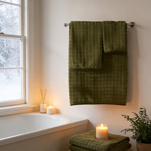COZYART Lint Free 8 Pcs Bathroom Towels Set Ultra Soft Microfiber Fluffy | Thick, Highly Absorbent, Fast Dry, No Shedding, No Pilling, Fade Resistant, Durable, Long-lasting Olive Green - color: Olive Green
