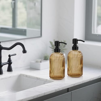 16 OZ Amber Glass Soap Dispenser, Amber Stripe Bathroom Hand Soap Dispensers with Stainless Steel Matte Black Pump,Brown Glass Kitchen Hand Soap Dispenser with Matte Black Pump - color: Matte Black +Amber, size: 1-Pack
