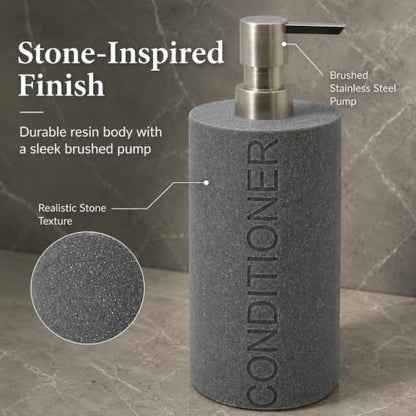 Resin Neutral Gray Sandstone Conditioner Engraved Bottle Refillable Pump Dispenser, Durable Waterproof Resin Construction for Bath, Shower - Gray Sandstone Satin Nickel Pump - color: Gray Sandstone Resin, Nickel Pump - Conditioner
