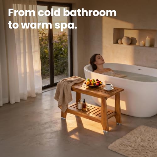 NNN 24" Commercial Heavy Duty Teak Shower Bench, Patented, Non-Slip Stable | with 8 Japan-Made Non-Slip Leveling Feet, Mortise-Tenon Legs 350lb, Pre-Oiled European Teak Oil, Marine-Grade Hardware - size: 24"W x 12.6" Dx 18"H