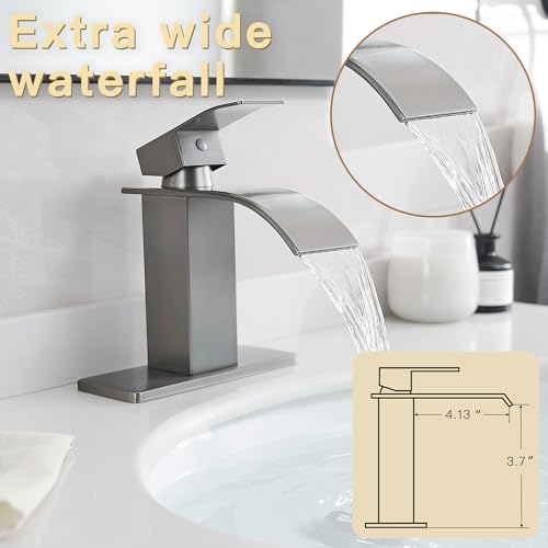 Waterfall Single Handle Bathroom Sink Faucet Grey | Vanity Faucet with Pop-up Drain, llaves para lavamanos de baño, Ceramic Valve, for 1 or 3 Hole Modern Bathrooms. - color: Gray