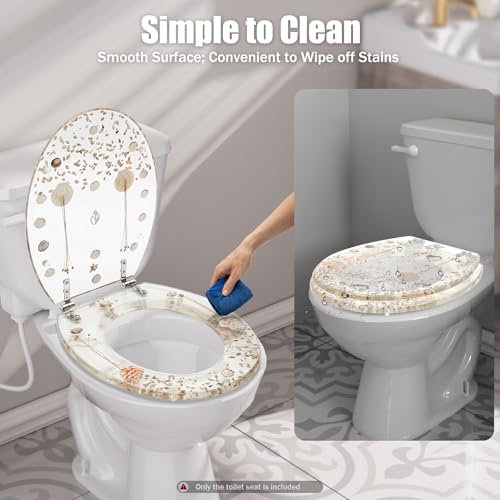 Resin Toilet Seat Round Soft Close Quick Release Heavy Duty Toilet Seats with Clear Seashells Cover Acrylic Seats Ocean Series